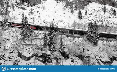 Swiss Train Descending A Snowy Mountain Stock Image Image Of