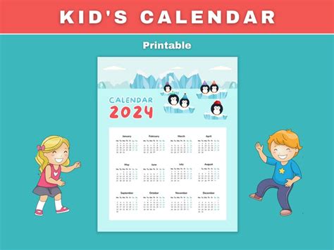 Kids Calendar Calendar 2024 Printable Calendar Penguins Etsy