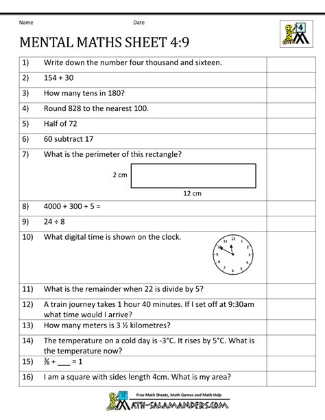 Grade four math comprises of topics like angles, perimeters, prime numbers, fractions, algebra, statistical methods like mean, median, mode and so on. Mental Maths Test Year 4 Worksheets