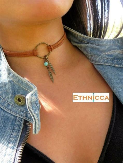 Choker Necklace Suede Choker Necklace Bohemian Feather Etsy
