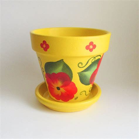 Yellow Mexican Design 6 Inch Planter With Red Flowers Hand Painted