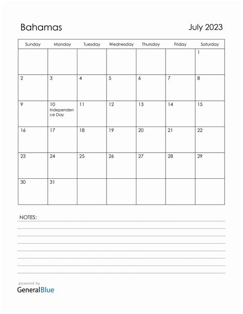 July 2023 Bahamas Calendar With Holidays