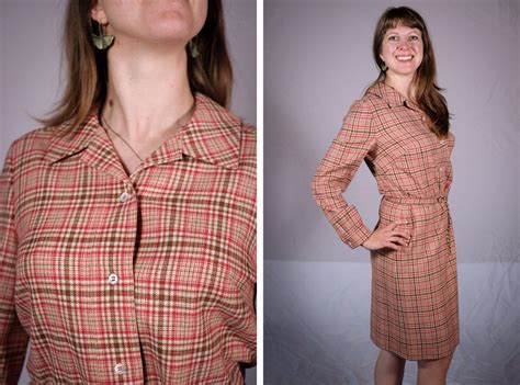 1960s Pendleton Dress Mod Plaid Wool Dress Medium Large Original Belt Red Pink Plaid