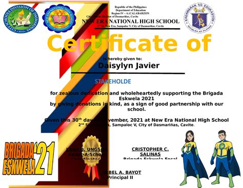 Brigada Eskwela 2021 Certificate Daisylyn Javier Cristopher C