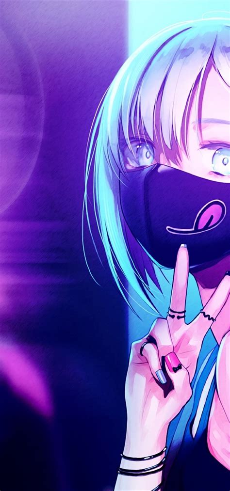 Download 1080x2310 Anime Girl Black Mask Short Hair Neon Lights Wristwear Wallpapers For
