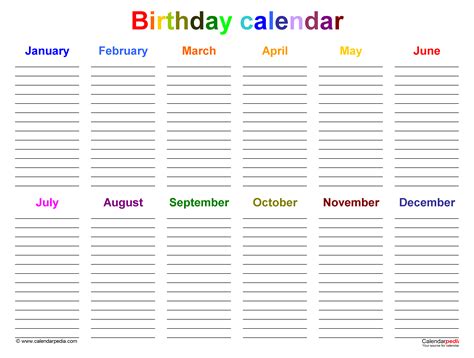 Birthday Calendars Free Printable Pdf Templates