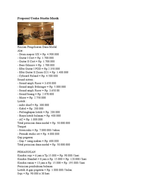 Berikut adalah contoh proposal sponsorship untuk keperluan event konser musik. Contoh Proposal Usaha Rental Studio Musik - Berbagi Contoh ...