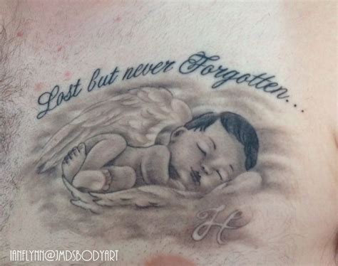 Lost But Never Forgotten Classic Grey Ink Baby Angel Tattoo On Chest