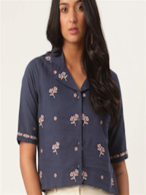 Buy Rooted Women Navy Blue Embroidered Shirt Style Top Tops For Women