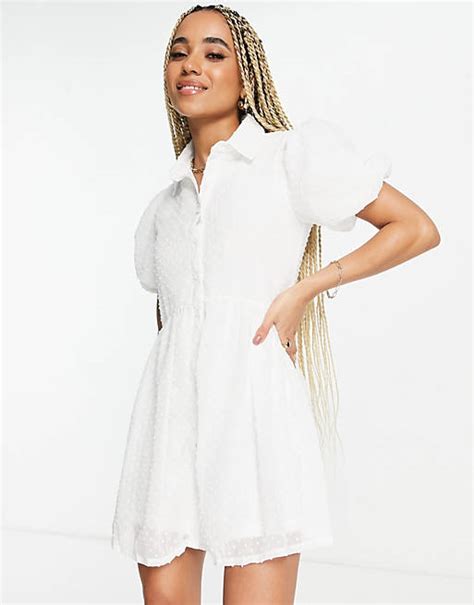 Missguided Puff Sleeve Mini Shirt Dress In White Asos