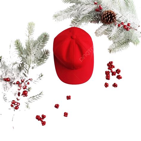 قبعة عيد الميلاد الحمراء وفروع التنوب الأبيض والثلج عطلة الشتاء عيد
