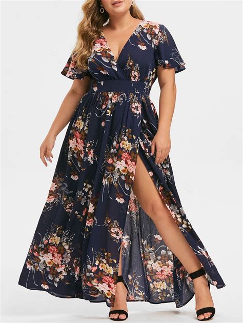 Off Plus Size Low Cut Split Floral Maxi Dress Rosegal