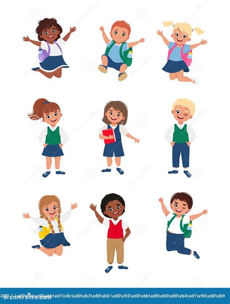 Happy School Children In Uniform Jumping With Backpacks Set Of Pupils