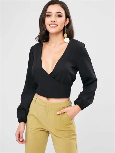 Chiffon Loose Long Sleeve Solid Tie Crop Tops Backless Low Cut Blouses