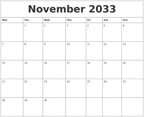 November 2033 Calendar Printable Free