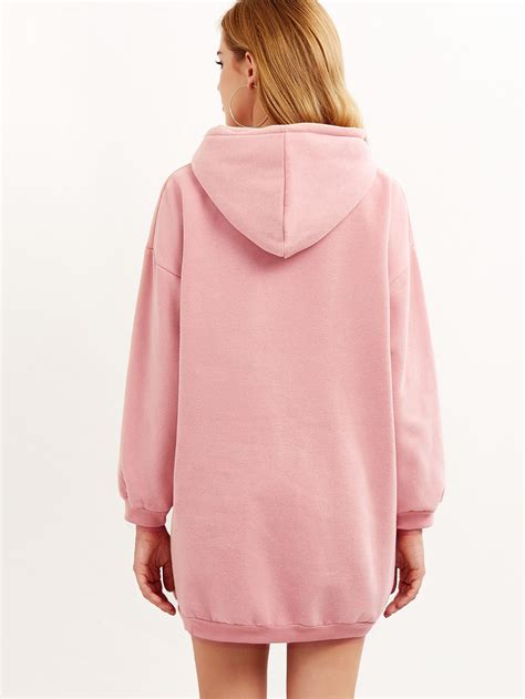 Pink Hooded Drop Shoulder Pocket Sweatshirt Dress Sheinsheinside