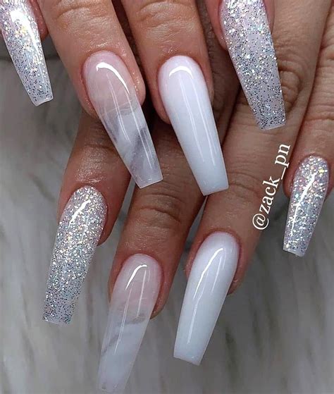 White And Silver Glitter Acrylic Nails Coffin In 2020 Acrylic Nails