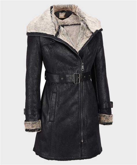 Shearling Women Mid Length Black Leather Coat Leather Jacket Black