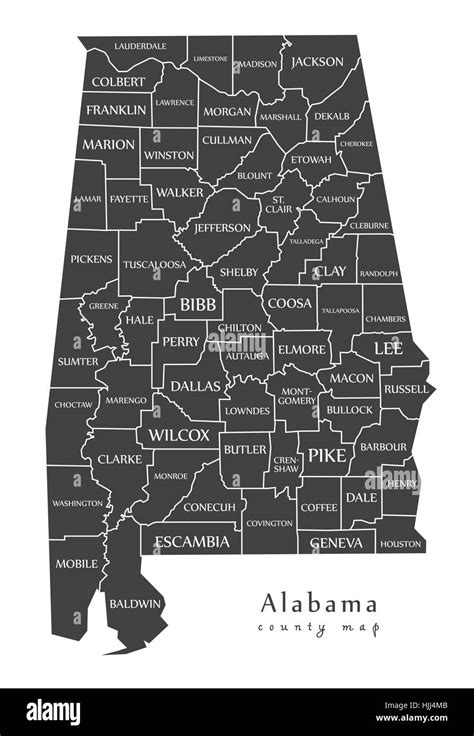 Modern Map Alabama County Map With Labels Usa Silhouette Illustration