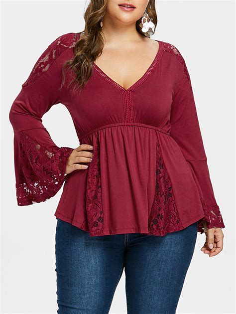 41 Off 2021 Plus Size Lace Detail Low Cut Blouse In Red Dresslily