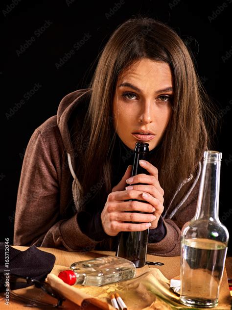 Woman Alcoholism Is Social Problem Female Drinking Is Cause Of Poor Health Table With Empty