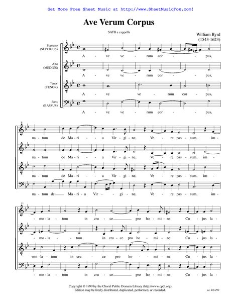 Free Sheet Music For Ave Verum Corpus Byrd William By William Byrd