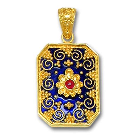 18k Solid Gold And Blue Enamel Ornate Large Rectangle Pendant With Ruby