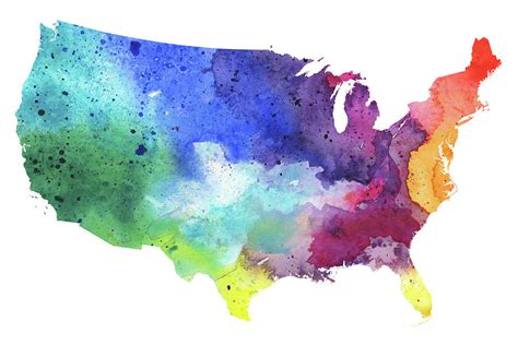 Map Of The United States With Watercolor Texture In Rainbow Colors