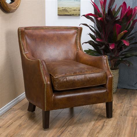 Brown Top Grain Leather Upholstered Club Chair With Nailhead Trim Nh