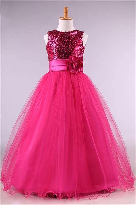 Ball Gown Hot Pink Tulle Sequin Little Girl Prom Dress With Flower