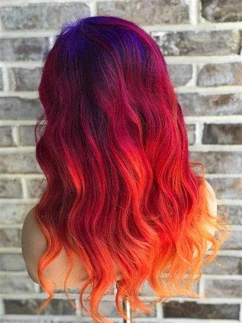 This Beautiful “sunset” Themed Wig Is A Blend Of Dark Purple That Flows Into Red And Orange