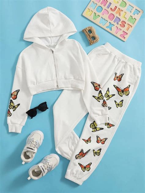 Conjunto Sudadera Con Estampado De Mariposa Con Cremallera Delantera