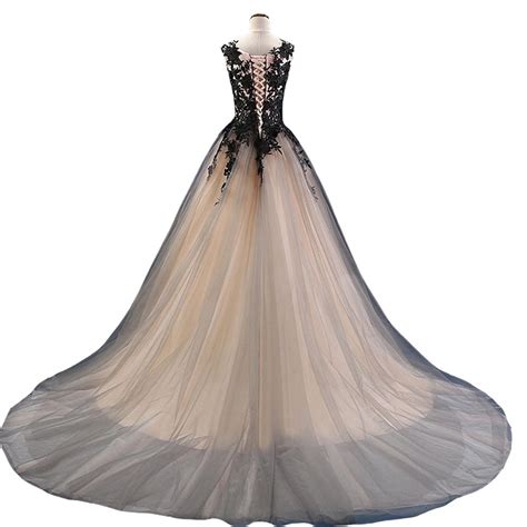 Kivary Gothic Gray Tulle Long Black Lace Sheer Bateau Prom Wedding Dresses