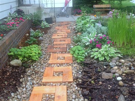 Backyard Garden Wood And Stone Path With Cedar Stepping Stones