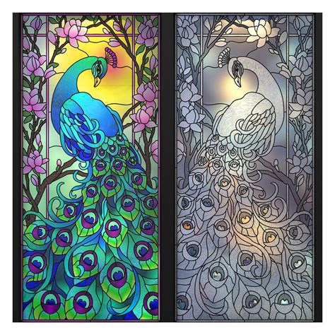 Simply hang the panel in front of a window, using the hanger chains, allowing the light to pass through the dozens of pieces of blue. ZFSW-B06 stained glass peacock patterns design window ...
