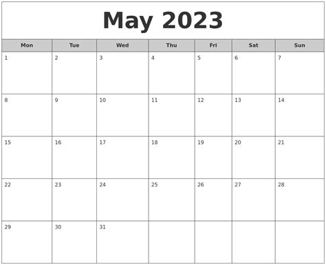 May 2023 Free Monthly Calendar