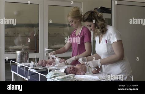 Nurses Dressing Diapers The Newborn Babies At Hospital Maternity Ward