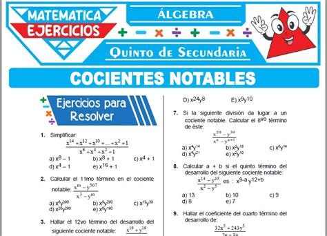 Ejercicios De Cocientes Notables Para Cuarto De Secundaria Matem Tica