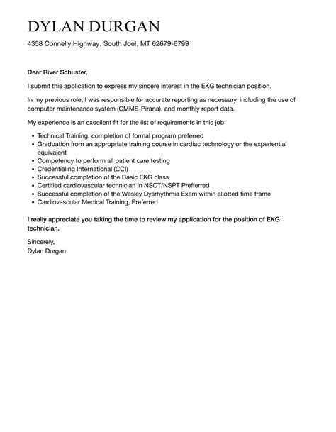 EKG Technician Cover Letter | Velvet Jobs