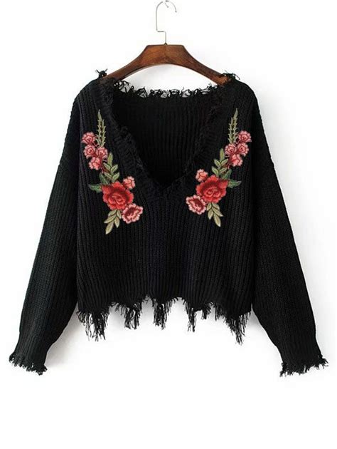 34 Off 2021 V Neck Frayed Floral Embroidered Pullover Sweater In