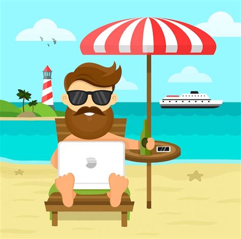 Premium Vector On The Beach Freelance Work And Rest Flat Illustration