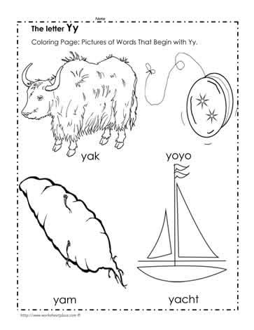 Picture cards for the words: The Letter Y Coloring Pictures Worksheets