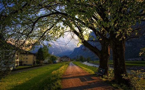 Mountains Landscapes Trees Photography Grass Houses Path Spring Bench