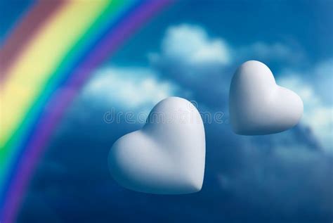 Two Hearts And Rainbow Against A Blue Sky Stock Photo Image Of Nature