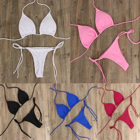 Summer Sexy Solid Mirco Seasonal Wrap Introduction Bikini Sets Thon G String Side Tie Women