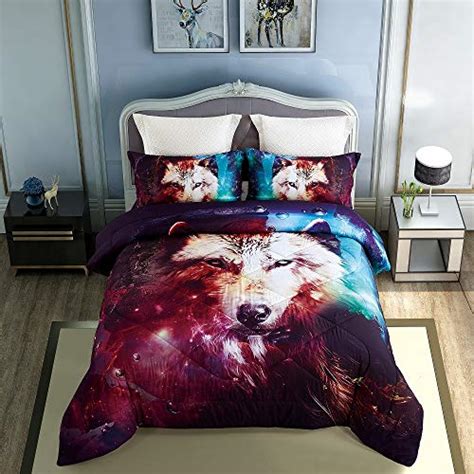 Kinbedy 3d Tencel Cotton 3pc Colorful Wolf Print Comforter Sets Queen Size Comforter Bedding