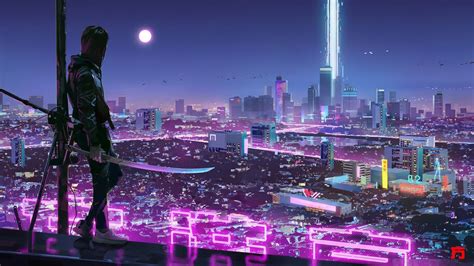Sci Fi City Neon Lights Ninja Katana 4k 6429 Wallpaper