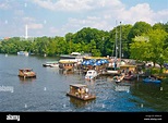 Poetensteig, boat piers and restaurants, River Spree, Treptower Park ...