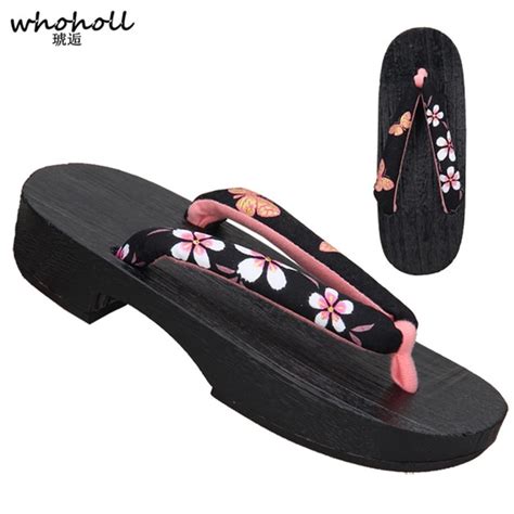 whoholl traditional japanese geta clogs summer sandals women flip flops for female paulownia