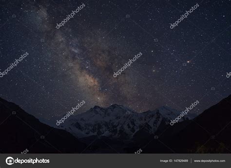 Milky Way Over Nanga Parbat Mountain Massif Fairy Meadow Pakis Stock